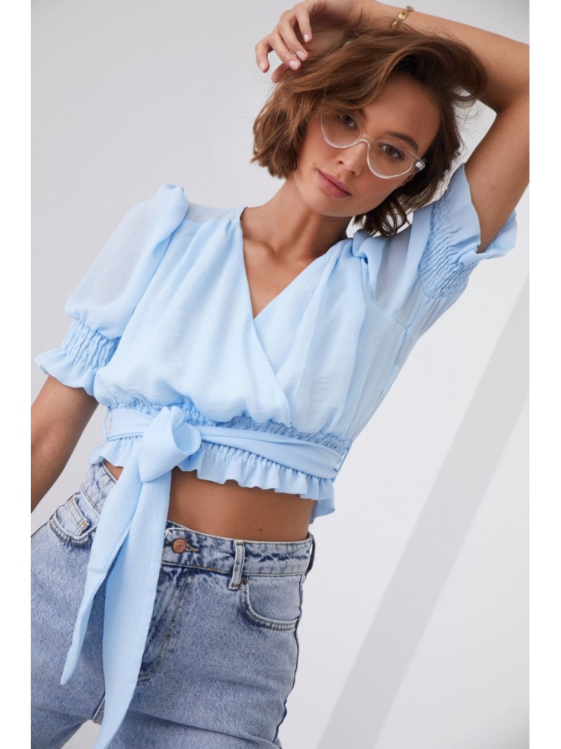 Short blouse with a belt, blue 20580 - Online store - Boutique